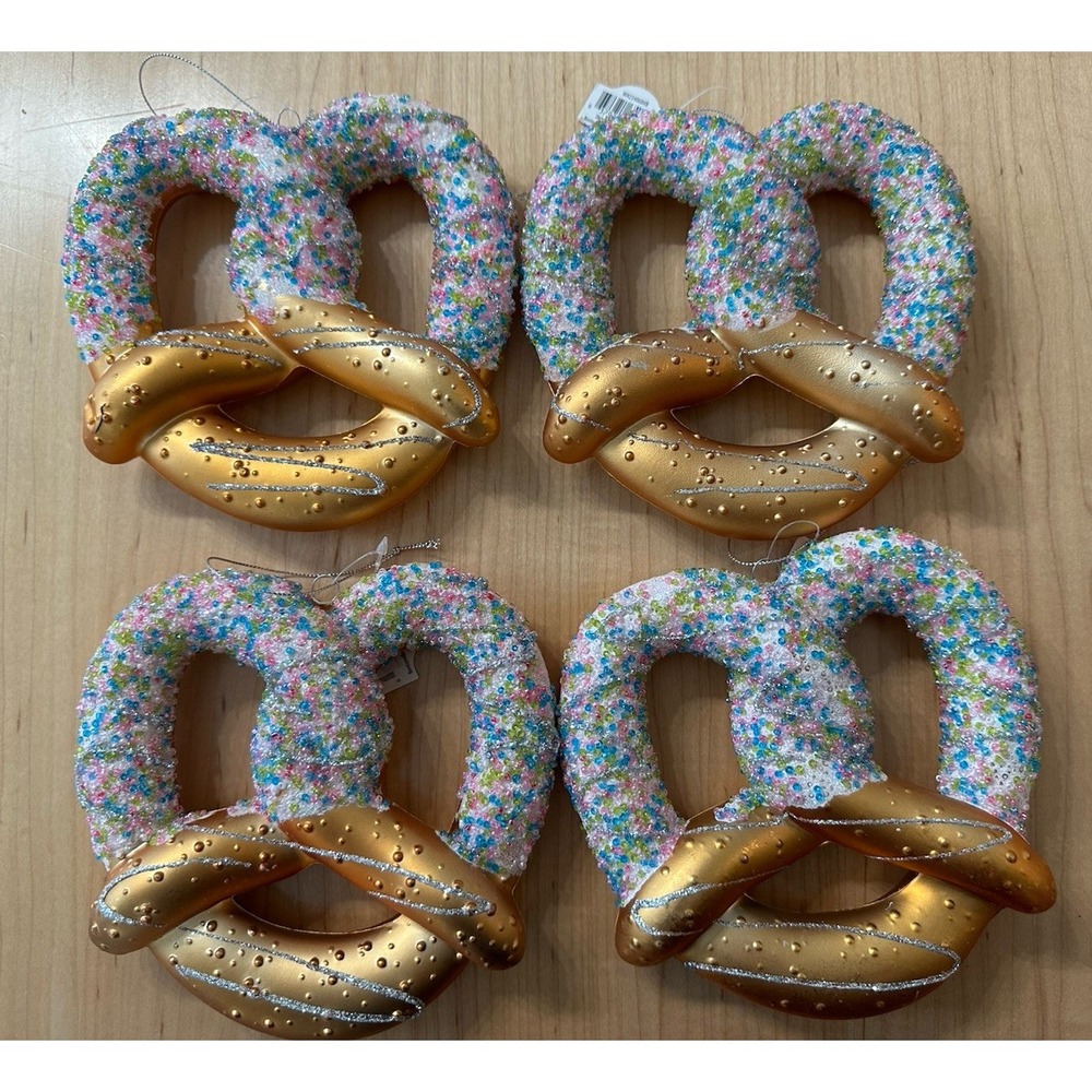 Holiday Time 4 Pack Jumbo 6in Pretzel Christmas Ornaments Gold Glitter Sprinkles